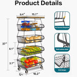 5-Layer Kitchen Organizer Rack – Metal & Wood Fruit Basket Stand with Wheels - Thumbnail 2