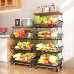 5-Layer Kitchen Organizer Rack – Metal & Wood Fruit Basket Stand with Wheels - Thumbnail 1