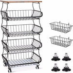 5-Layer Kitchen Organizer Rack – Metal & Wood Fruit Basket Stand with Wheels - Thumbnail 7