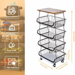 5-Layer Kitchen Organizer Rack – Metal & Wood Fruit Basket Stand with Wheels - Thumbnail 5