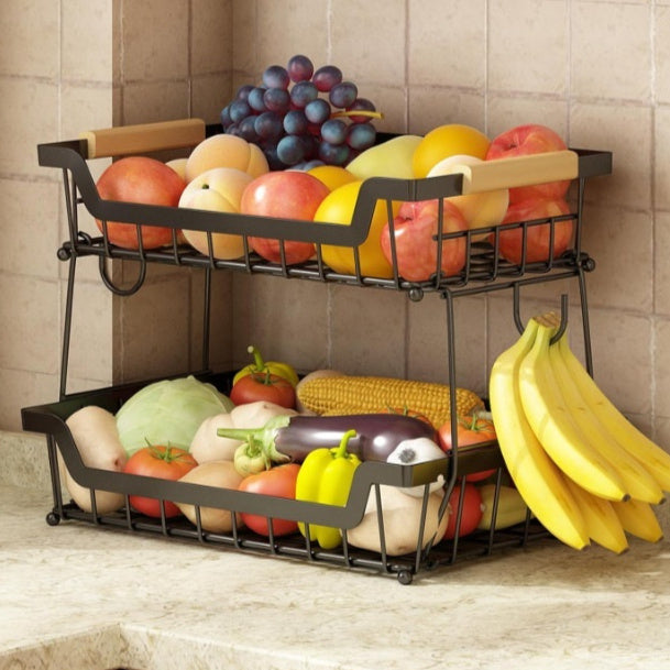 Two-Layer Fruit Storage Rack – Wooden Handle & Metal Basket