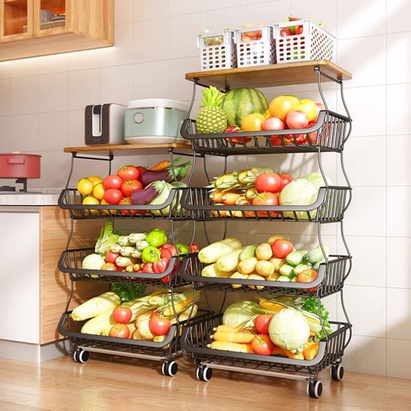 5-Layer Kitchen Organizer Rack – Metal & Wood Fruit Basket Stand with Wheels