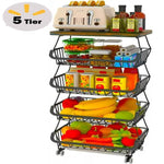 5-Layer Kitchen Organizer Rack – Metal & Wood Fruit Basket Stand with Wheels - Thumbnail 9