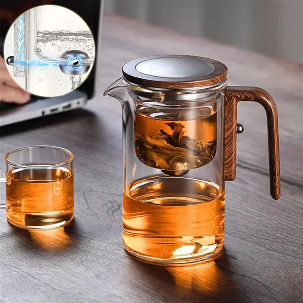 One Click Magnetic Teapot – Glass Tea Pot with Wood Handle & Inner Filter