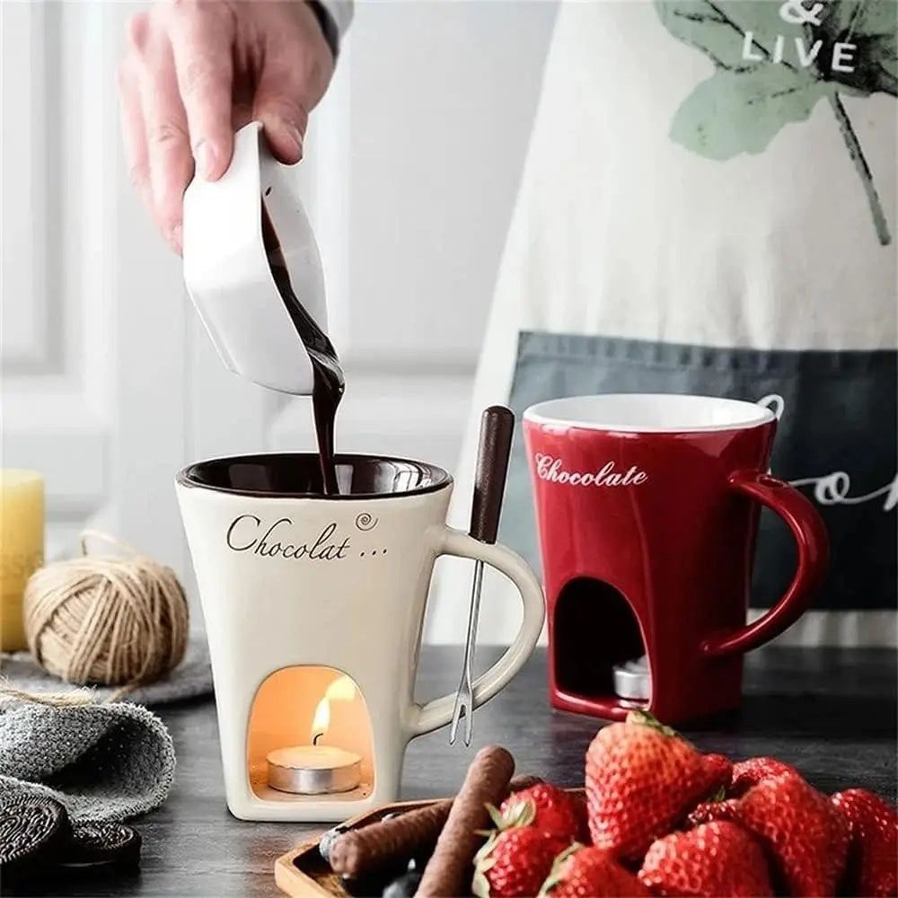 Mini Fondue Mug Set – Ceramic Chocolate & Cheese Melting Pot | Personal Warmer Cup Kitchen Gadget